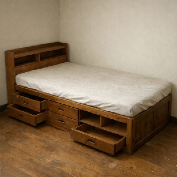 木製ベッドフレームとマットレス