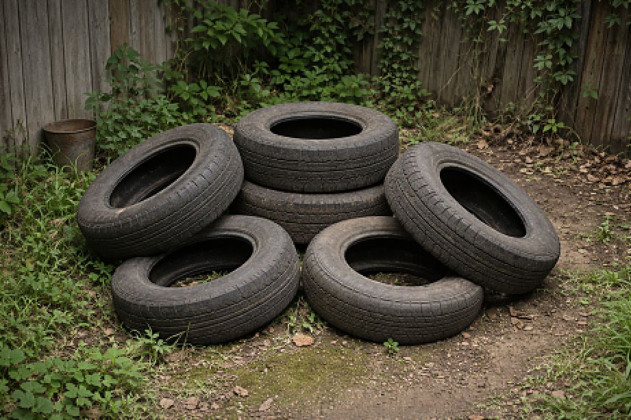 庭に置かれたカータイヤ６個