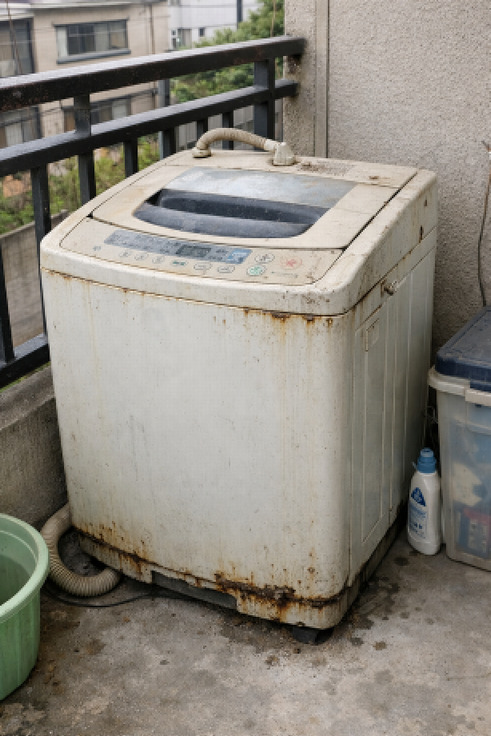 ベランダに長い間置かれた故障した洗濯機家電