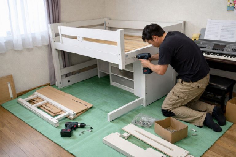 ベッド解体中の男性