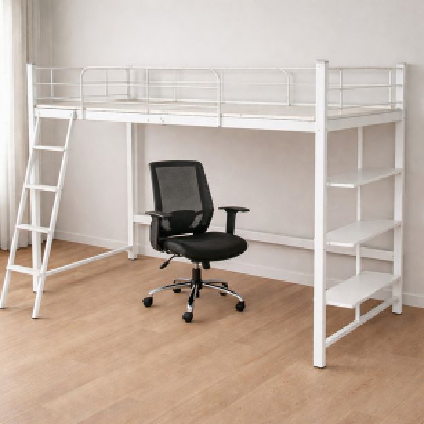 白いロフトベッドと黒いOAチェア