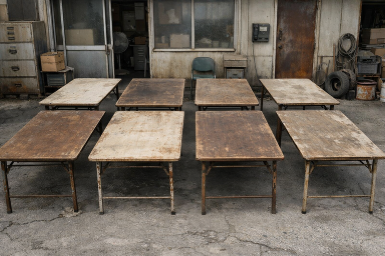 倉庫前に置かれたテーブル