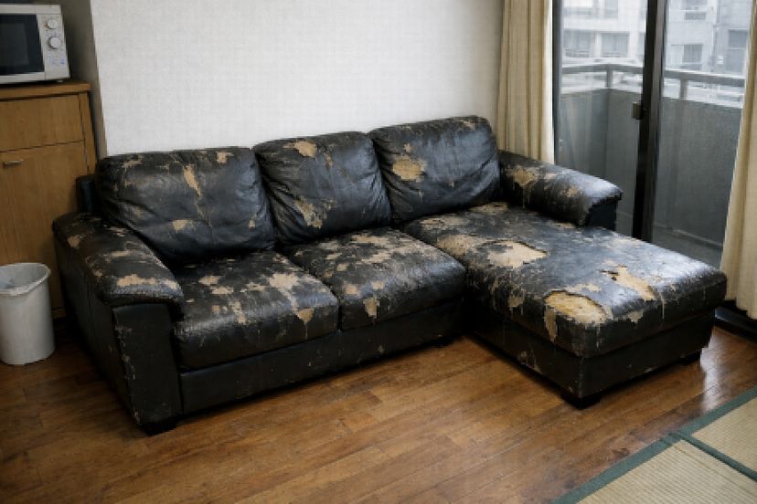 部屋に置かれたぼろぼろのレザー素材のカウチソファー