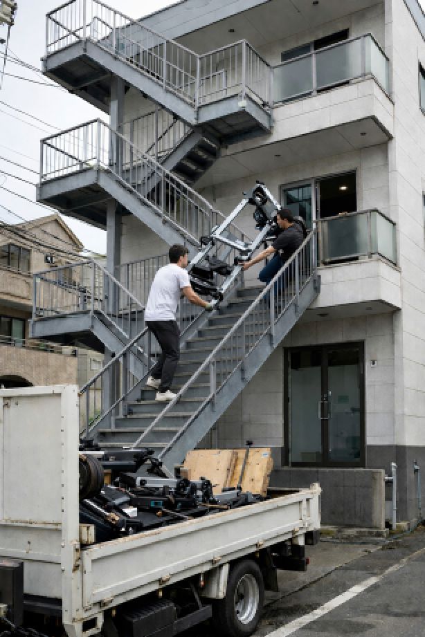 トレーニングマシーン搬出する男性