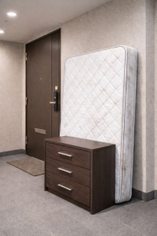 マンション玄関外に置かれたマットレスとチェスト