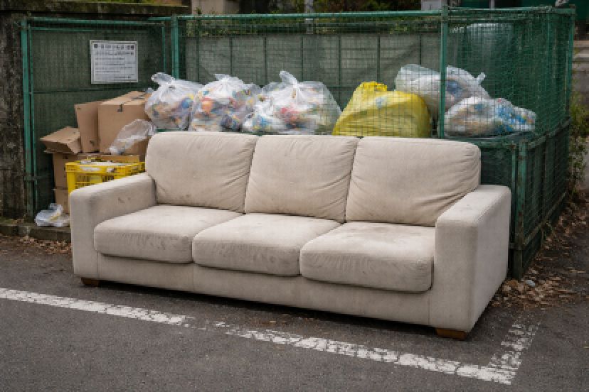 ゴミ置場に置かれた３人掛けソファー