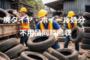 工場で廃タイヤ片付ける作業員