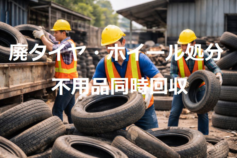 大量の廃タイヤを運ぶ作業員