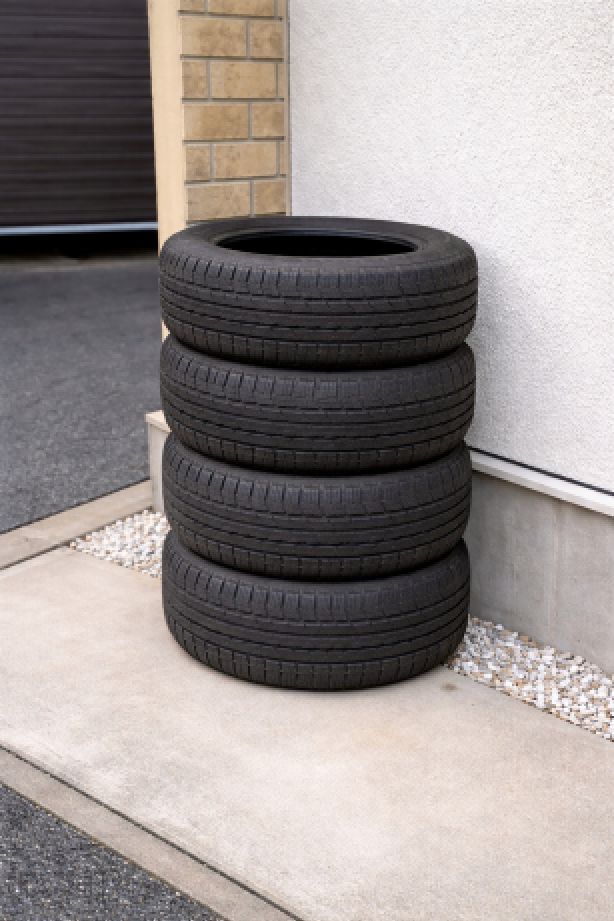 戸建て駐車場におかれたタイヤ４個