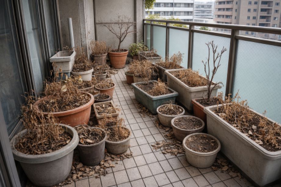 マンション大規模修繕｜ベランダプランター植木鉢片付け作業